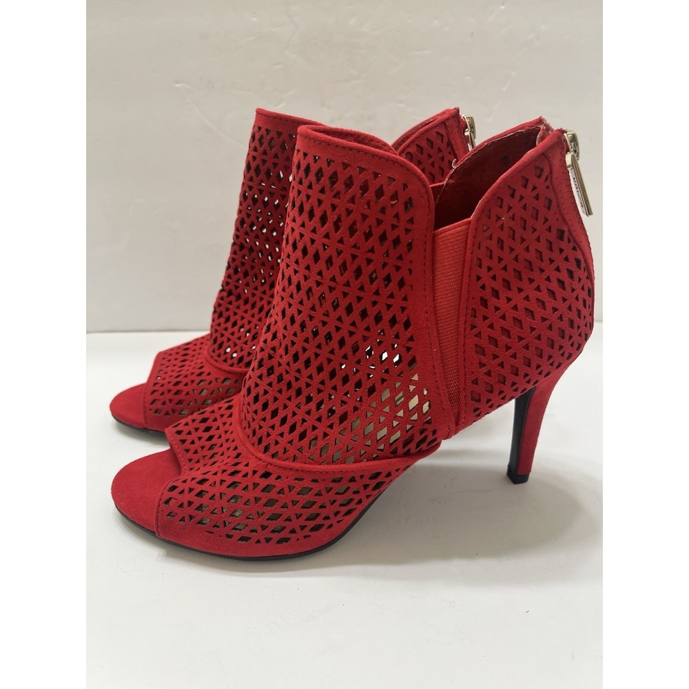 Unisa Red Suede Peep-Toe Bootie Stiletto Heel Perforated Back Zip Women's 8M